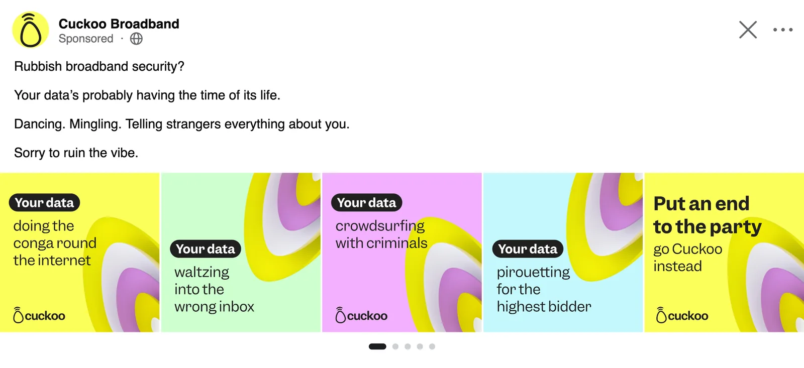 Cuckoo sponsored Instagram feed carousel – ‘Rubbish broadband security?’ data privacy ads