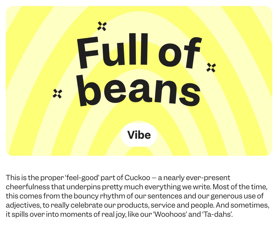 Cuckoo tone of voice guidelines — ‘Full of beans’, the Vibe trait